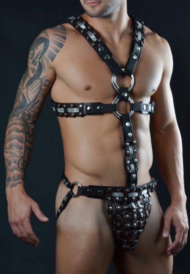 Male leather bondage harness