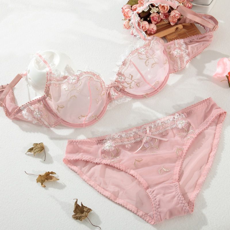 Sheer pink bra and panty