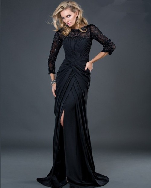 Long black evening dress with sleeves